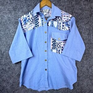 Vintage Tap & Co. Shirt Womens Blue Abstract Rodeo Cowgirl Streetwear‎ Button Up